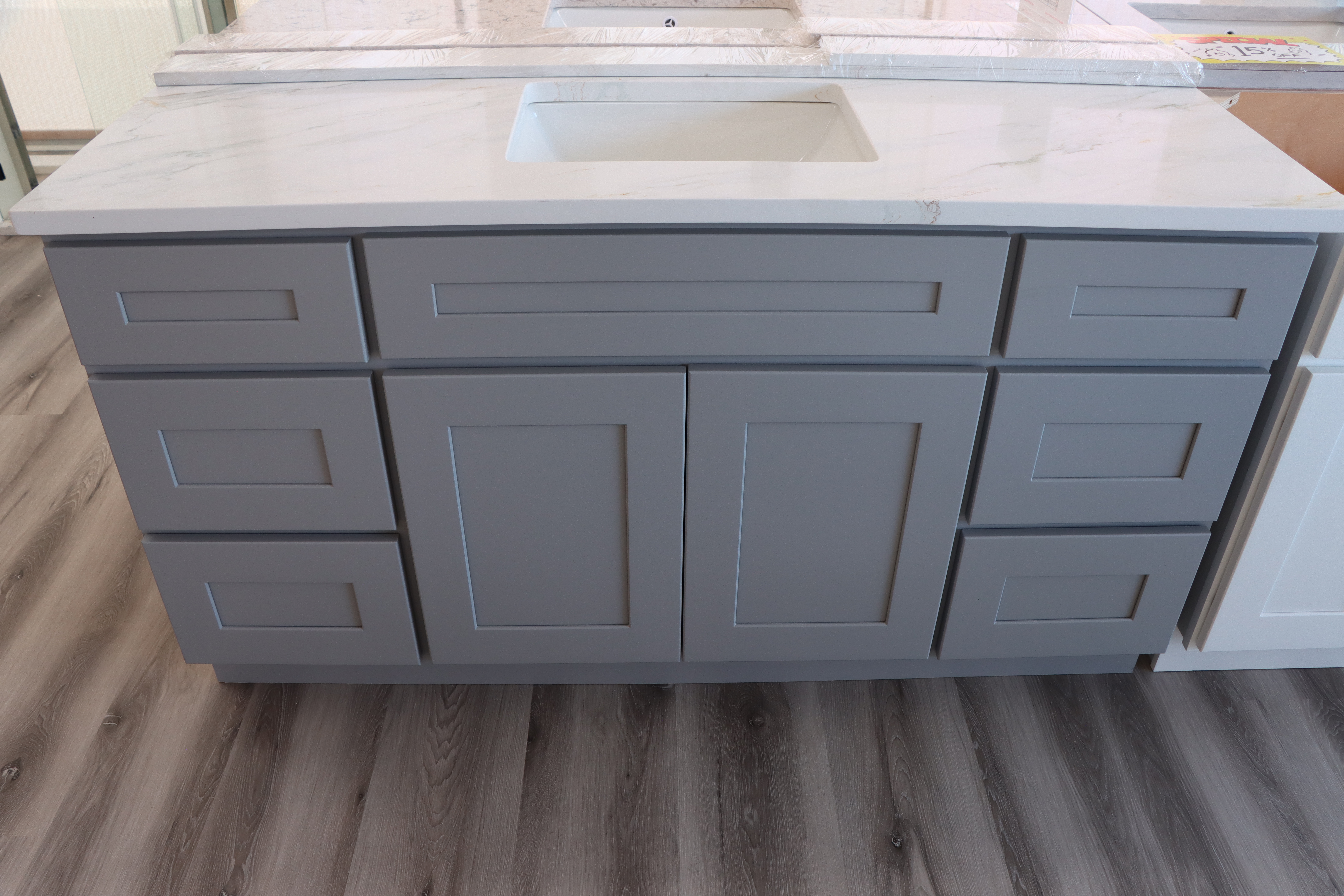 Close-up of gray bathroom vanity cabinet